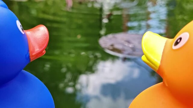 Zwei Gummienten am Gartenteich, Gummientenpaar &ndash; idyllische und romantische Teichszenerie f&uuml;r kreative Garten- und Naturprojekte, spielerische Deko, blaue Ente, gelbe Ente, Liebe, P&auml;rchen, Romantik
