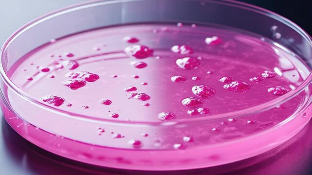 A pink liquid is in a glass dish. The liquid is bubbling and has a pink color