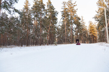 Father and daughter having fun with snow tube in the forest