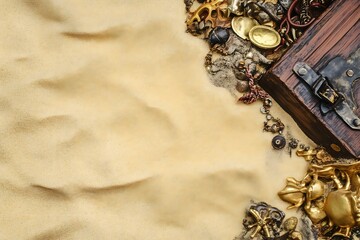 Top-down view of a vintage pirate treasure chest brimming with golden coins and valuables on a wavy sand background with copy space for text, a concept for discovery and fortune