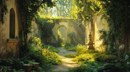 Sun-drenched overgrown garden path through a crumbling ancient structure