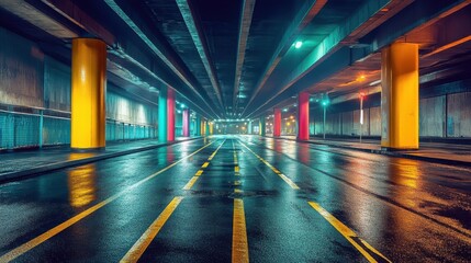 Colorful Urban Underpass with Reflections on Wet Street at Night