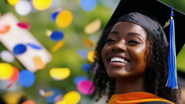 Student celebrating graduation, proud and happy after earning her diploma.