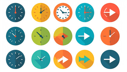 Collection of flat-design clock and arrow icons in various colors and times, representing time management and scheduling