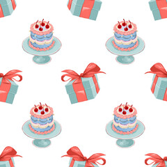 Seamless pattern celebrating birthday consisting of birthday cake, gifts, hand drawn, bright, cute on transparent background