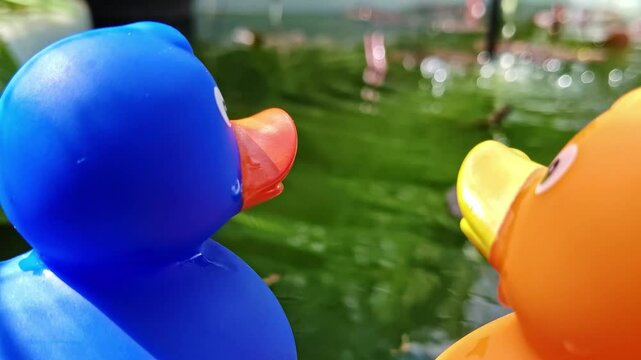 Zwei Gummienten am Gartenteich, Gummientenpaar &ndash; idyllische und romantische Teichszenerie f&uuml;r kreative Garten- und Naturprojekte, spielerische Deko, blaue Ente, gelbe Ente, Liebe, P&auml;rchen, Romantik
