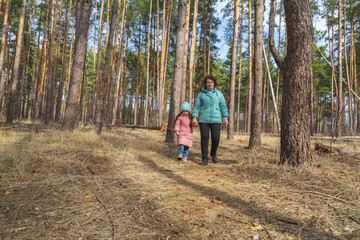 grandmother with granddaughter walking in nature in the forest