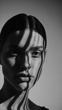Portrait artistique en noir et blanc avec ombres de rayures sur le visage

