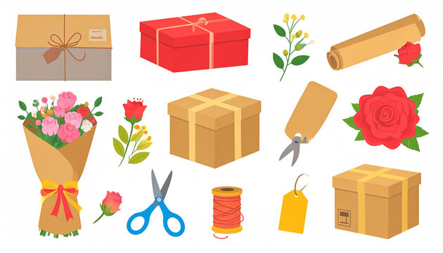 Colorful illustration of gift boxes, flowers, packaging supplies, and gift-wrapping tools