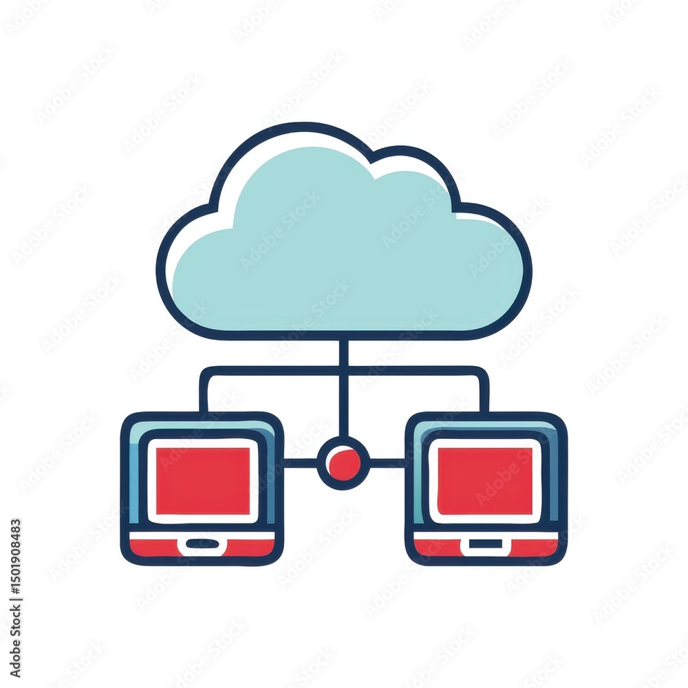 Poster digital cloud hub interface with laptop and tablet symbolizing connected device synergy