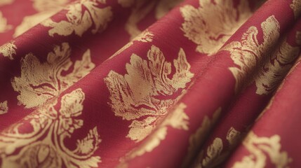 Elegant Red and Gold Fabric with Intricate Floral Pattern Design