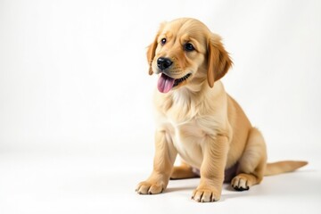 Golden Retriever puppy, pristine white backdrop, playful pose, tail, adorable, dog photography
