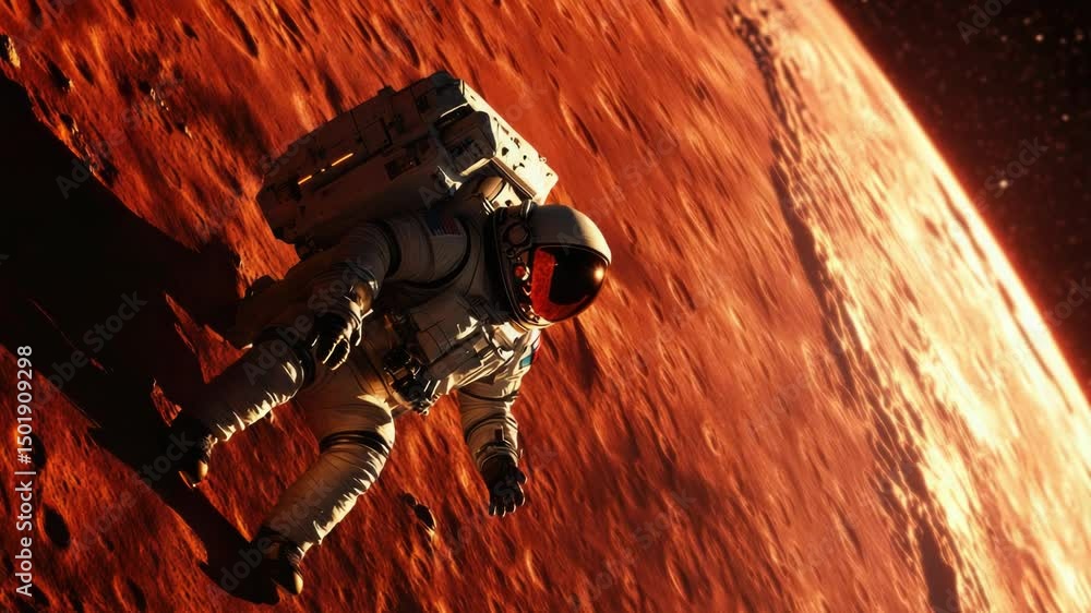 Poster an astronaut floats in space on the surface of a red planet, with a barren landscape and no signs of