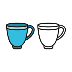 Two coffee cups one blue and one outline style isolated