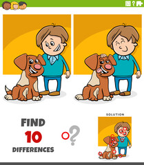 differences puzzle activity with happy cartoon boy and his puppy