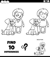 differences puzzle activity with happy cartoon boy and his puppy coloring page