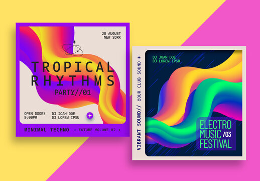 Electro Music Album Cover Design Layout with Flowing Waves