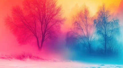 Ethereal Winter Landscape with Colorful Mist and Trees in Background