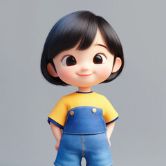 3d cute little girl in blue dress on isolated background