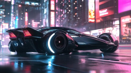 Futuristic Black Car in Neon Cityscape at Night with Reflections