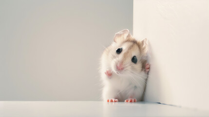 Whimsical funny portrait of a hamster peeking from the corner, door or window isolated. Hamster peeking as a surprise visit 
