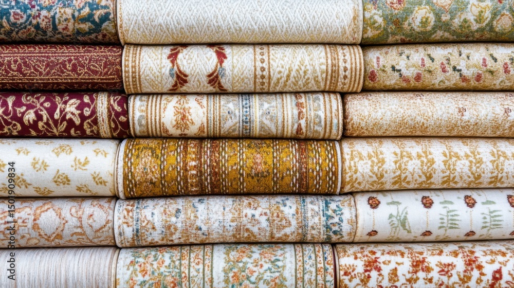 Poster colorful textiles with intricate patterns and detailed designs layout