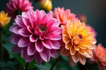 Intricate dahlia blooms, vibrant colors, close-up view, blossom, vibrant