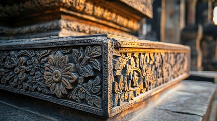Intricate Stone Carving with Floral Designs in Soft Light