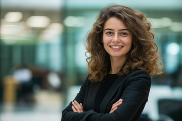 Portrait of a smiling young business woman standing in an office with curly hair