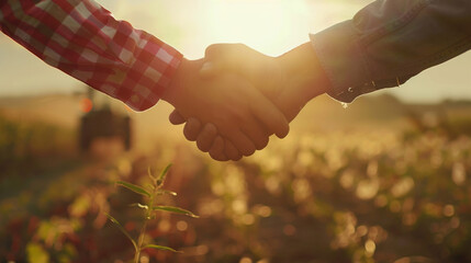Two farmers business partnership deals shake hands in agricultural field. Countryside positive relationship collaboration agreements contracts with a tractor and wheat field on a sunlit background 