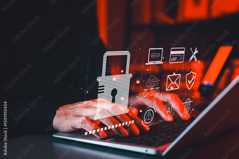 Poster cybersecurity and data protection technology concept. hands typing on a laptop with a padlock icon a