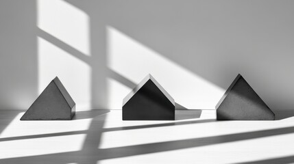 Minimalistic geometric shapes casting shadows in monochrome tones
