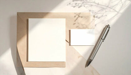 Beige Stationery Mockup with Sunlight Shadows