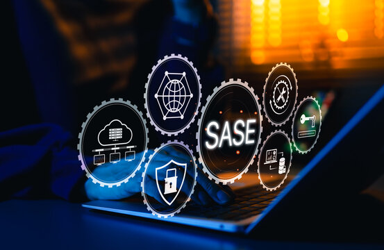 SASE Secure Access Service Edge Cybersecurity Concept. Digital representation of SASE framework with icons for cloud, security, access control, network, support, and secure cloud-based IT solutions.