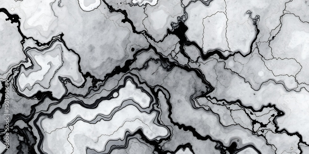 Poster a grayscale abstract art piece featuring flowing lines and marbled textures in a fluid design style