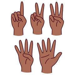 Set of brown skin tone hands showing numeric gestures from one to five. Represents inclusive education, body language recognition, and cultural diversity in teaching visuals