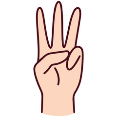 Three-finger Chinese hand gesture representing number 3, used in Mandarin for counting. Cultural communication method commonly taught to learners of Chinese