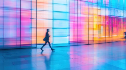 Person Walking Past Colorful Lights in Urban Environment
