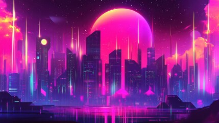 Neon Cityscape at Dusk with Vibrant Colors and Futuristic Elements