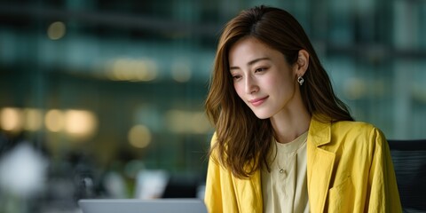 Fototapeta premium Professional woman in yellow blazer working on laptop at modern office