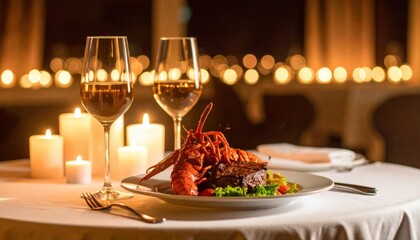 Elegant seafood dinner fine dining restaurant food photography romantic atmosphere table setting culinary experience