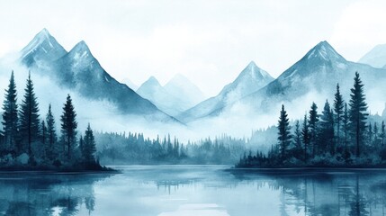Serene Mountain Landscape with Misty Lake and Evergreen Forests