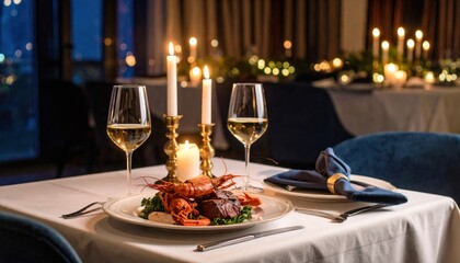 Elegant seafood dinner fine dining restaurant food photography romantic atmosphere close-up shot culinary experience