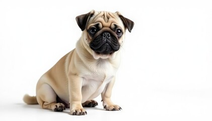 Obraz premium Adorable pug dog sitting, isolated on white background, charming, dog, companion