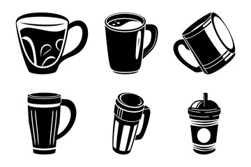Six black silhouettes of coffee cups and mugs isolated on a white background