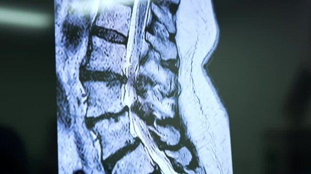 Spine MRI scan showcasing lumbar region. Detailed MRI scan displays the lumbar spine, highlighting vertebrae structure and potential abnormalities in alignment.