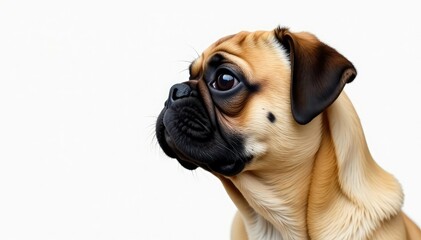 Fototapeta premium Brown pug in profile, looking to the side on white backdrop, puppy portrait, canine, pet photography