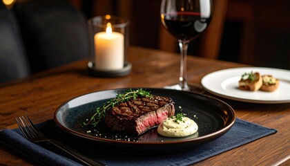 Savoring juicy steak dinner with red wine cozy restaurant food photography warm ambiance close-up view culinary delight