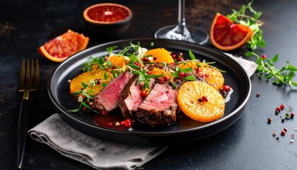 Gourmet beef dish with blood orange and herbs modern kitchen food photography dark setting artistic presentation
