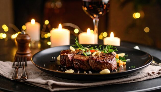 Elegant dinner experience romantic setting gourmet steak dish soft lighting close-up view fine dining concept